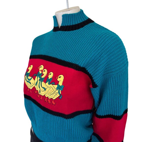 NWT VTG 80s KNITWAVES Ducks with Bows Ribbed Knit Colorblock Sweater SZ 6 - Picture 4 of 11